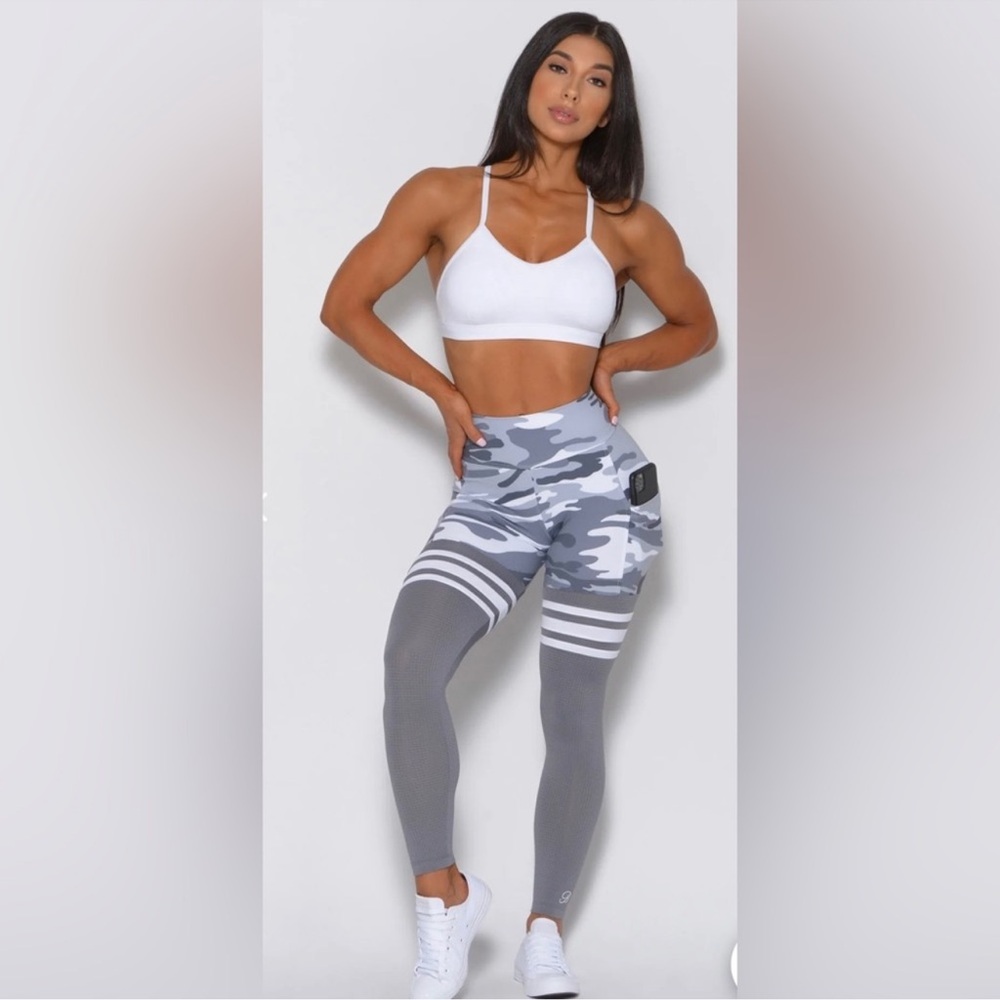 Bombshell Sportswear Gray Camo Leggings , bra set and top 3 piece